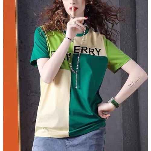 Summer short sleeve t-shirt womens 2020 new fashion contrast stitching tide brand printing Joker round neck shirt