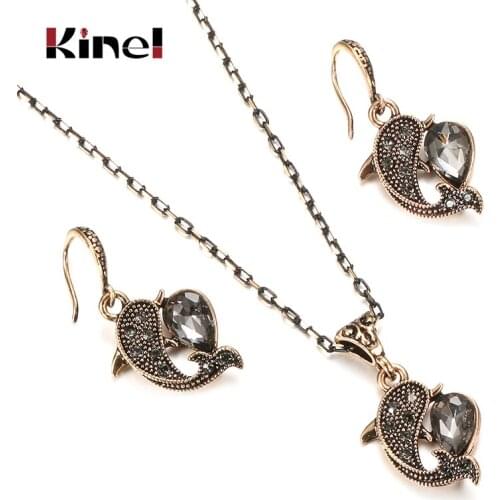 Kinel Fashion Crystal Dolphin Jewelry Sets Ancient Gold Plated Gray Water Drop Party Necklace Earring Sets For Women Wedding