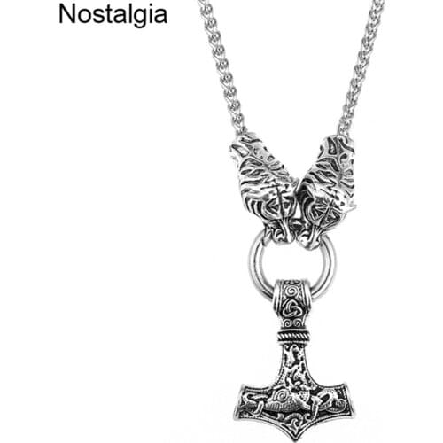 Nostalgia Thor Hammer Mjolnir Pendant Dragon Tiger Head Sautoir Femme Long Chain Viking Necklace Men Women Punk Gothic Jewlery