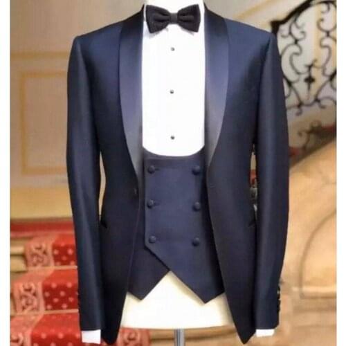 Brand New Groomsmen Navy Blue Groom Tuxedos Shawl Satin Lapel Men Suits Wedding Best Man 3 pieces ( Jacket+Pants+Vest+Tie ) C812