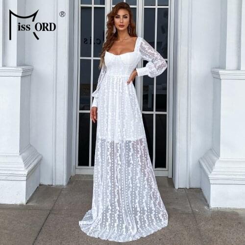 Missord Dresses For Women 2021 Maxi Elegant Embroidery Mesh Long Sleeve Sexy Evening Prom Party Dress Backless White Vestidos