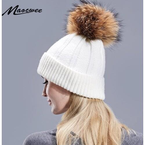 Pompoms Fur Knitted Wool Winter Hats For Women Pom Poms Skullies Beanies Thick Winter Hats Fluffy Ball Female Beanies Warm Hat