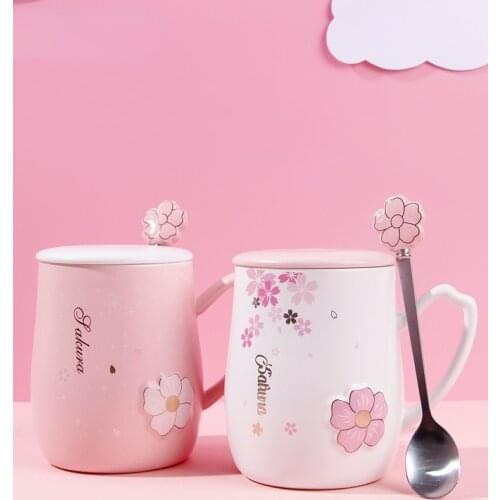 Pink Japanese Creative Cherry Blossom Ceramic Water Cup Cover Spoon Heat Resistant Cup Home Office Embossed Mug Vasos Drinkware