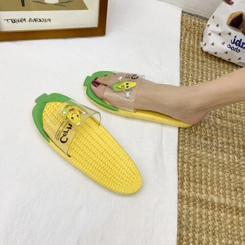 Summer Women Cute Cartoon Corn Transparent Slippers Brand Girls OutDoor Beach Shoes Designer Casual Open Toed Print Flip Flop