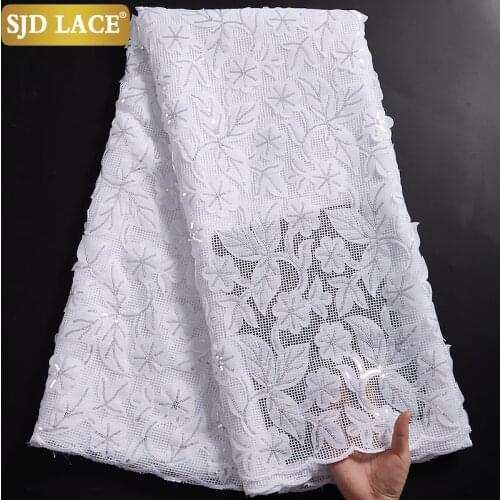 SJD LACE Pure White Wedding Material African Lace Fabric 2021High Quality Sequined Applique French Mesh Lace Fabric Party A2337