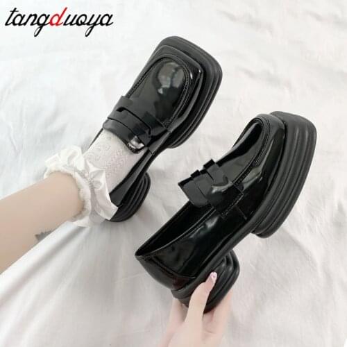 White Black Punk Platform Women Loafers Round Toe Chunky Heel Vintage Shoes Women Slip on High Heel Women Pumps