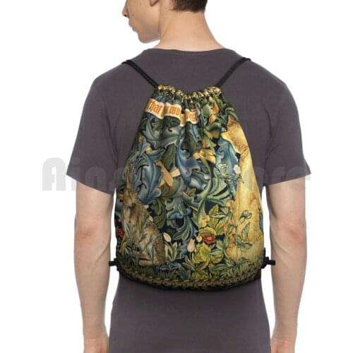 Greenery , Forest Animals , Fox And Hare Blue Green Floral Backpack Drawstring Bags Gym Bag Waterproof Animals Foxes Fox
