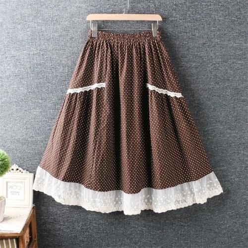 2021 New Summer Women Cotton Skirt Japan Style Mori Girl Polka Dot Print Loose Lace A-line Skirts