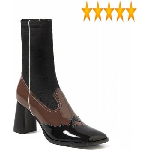 Autumn 2021 Winter Quality Women Boots Designer Mixed Colors Genuine Leather Fashion Shoes Mid-Calf Square Toe High Heels