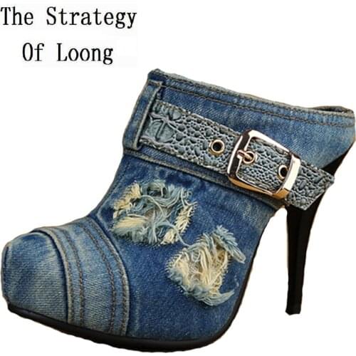 Summer Fashion Women Denim Buckle Belt Pointed Toe Slippers Size 35-40 Ladies Thin High Heels Handmade Closed Toe Shoes