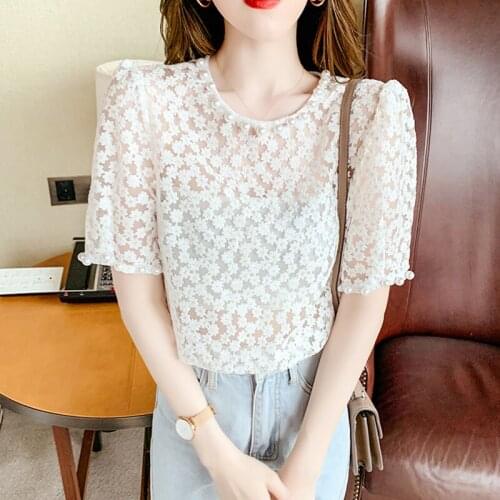 Womens Tops and Blouses Fashion Puff Sleeve Round Neck Beaded Lace Blouse Free Tube Top Blusas