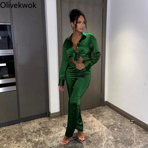 Olivekwok 2021 Autumn Woman Pants Sets Fashion Soild Casual Turn-down Collar Single Breasted Two-piece Suits
