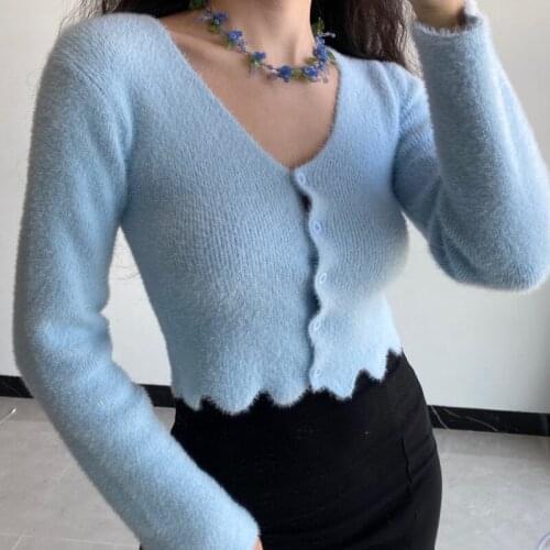 WOMENGAGA V-neck Long Sleeve Wavy Edge Short Knitting Sweater Korean Fashion Women Clothing Solid Color Slim Fuzzy Cardigan BTJY