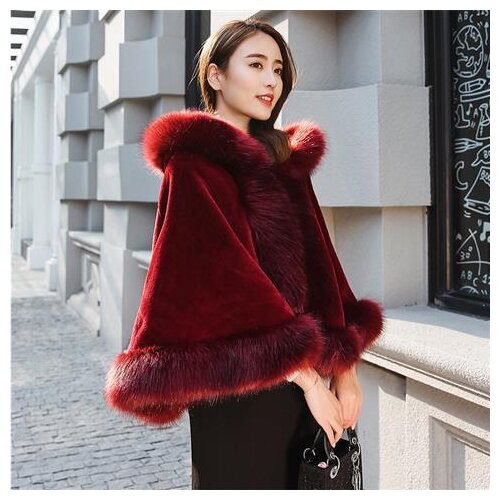 Red Fall Winter Fox Artificial Faux Fur Grass Vest Lady Loose Coat Women Vest Party Beauty Over Cloth Top Hat Shawl Cloak Cape