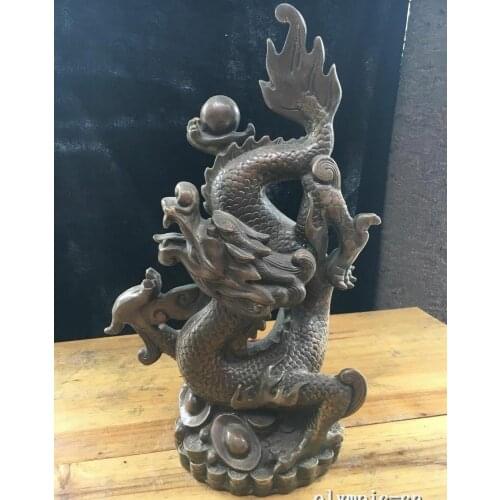 14'' copper sculpture auspicious beast Bring wealth chinese Dragon statue