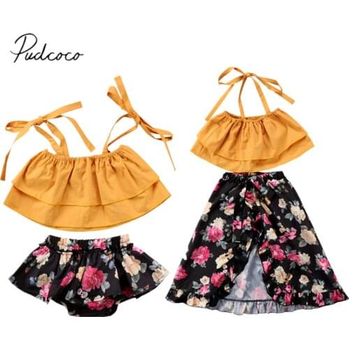2018 Brand New Cute Toddler Infant Child Baby Kids Girls Sisters Strap Crop Tops Floral Skirt 2Pcs Sister Matching Outfits Sets