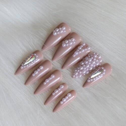 24pcs high-end fashion handmade crystal diamond long pointed fake nails sexy khaki pearl J616-1