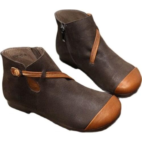6066-23 Artistic Handmade Leather Short Boots Retro Round Head Flat Button Cotton Linen Casual All-match Leather Womens Shoes