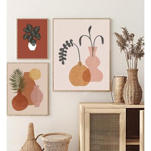 Bohemian Style Abstract Vase Canvas Painting Abstract Plant Green Leaf Wall Art Poster Picture Living Room Home Decoration Mural