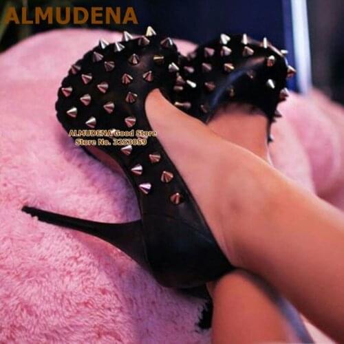ALMUDENA Black Matte Leather Silver Rivets High Heel Shoes Stiletto Heel Platform Studded Embellished Nightclub Dress Pumps