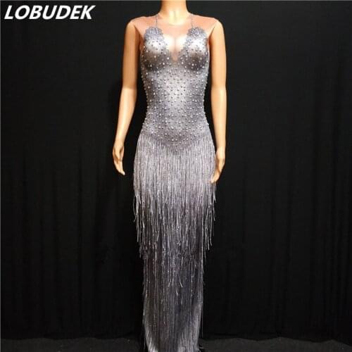 Sparkly Rhinestones Pearl Gray Tassels Long Dress Female Singer Stretch Package Hips Dress Birthday Celebration Party Dresses