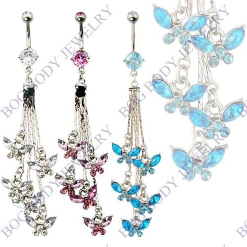 BOG-Lot 3Pcs Belly Button Ring With Five Butterfly Dangle Gemmed Zircon Crystals 3pcs/set Navel Piercing Jewelry