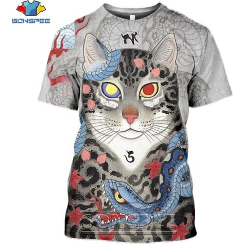 SONSPEE 3D Print Japanese Tattoo Samurai Graphics Cat Mens T-shirt Funny Tees shirt Women Summer Casual T Shirt Tops Clothing