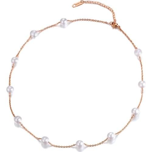 JeeMango Classic 11Pcs White Simulated Pearl Chain & Link Necklaces Jewelry Titanium Steel Chokers Necklace For Women N18009