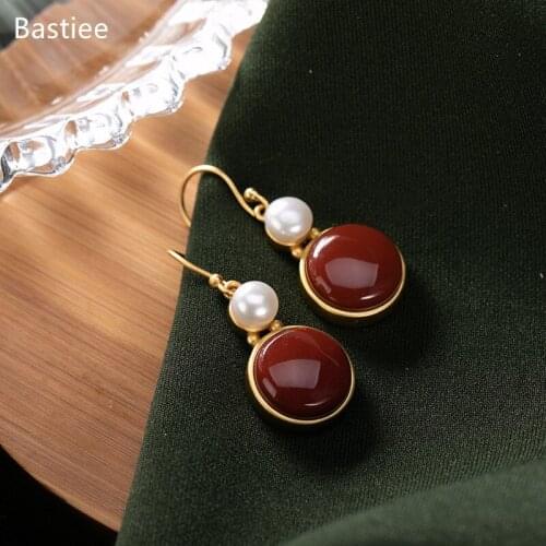 Bastiee Korean Earrings Earrings Silver 925 Jewelry For Women Red Agate Pearl Golden Plated Long Earrings Vintage