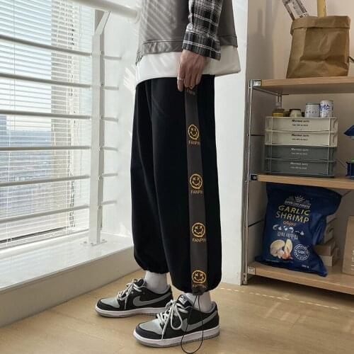 Fashion Mens Vintage Washed Hip Hop Smile Face Printed Loose Fit Pants Harajuku Urban Style Trousers Male joggers sport