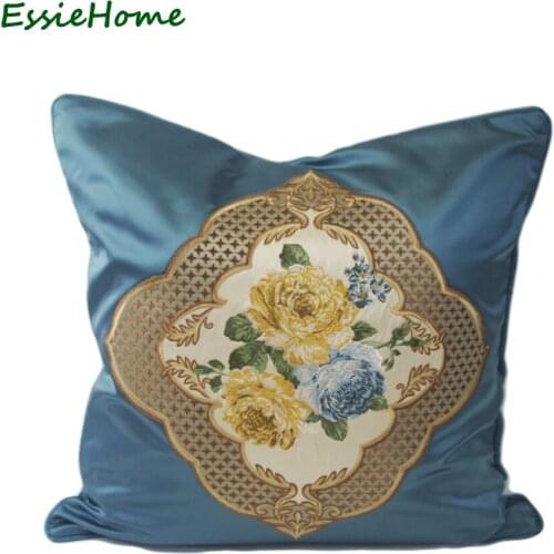 ESSIE HOME Luxury Blue Faux Silk Cushion Cover Pillow Case With Piping Embroidery Rose High End Pillow Cushion