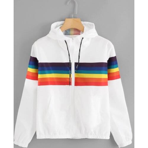 Autumn Hooded Womens Bomber Jacket Long Sleeve Rainbow Patchwork O-Neck Sweater Hooded Striped Jacket Top Woman Jacket