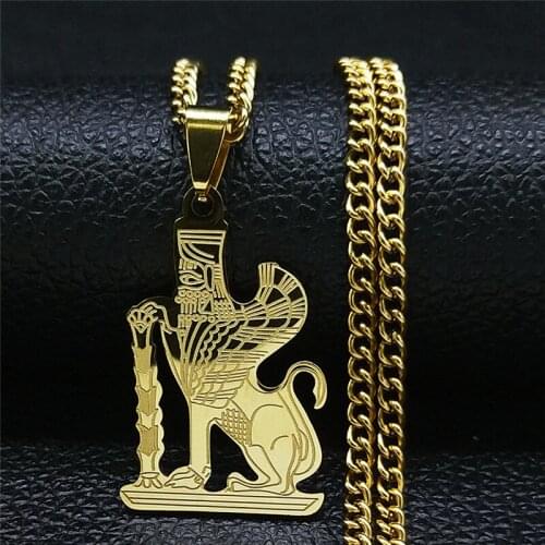 Mazda Culture Stainless Steel Pendant Necklace Gold Color Persian Empire Religion Zoroastrianism Sphinx Jewelry N4519S05