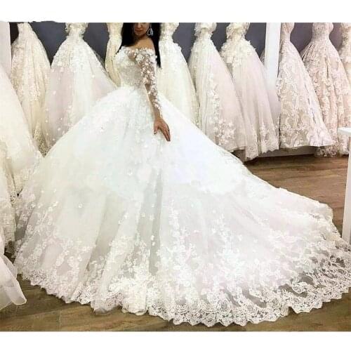 Casamento Luxury 3D Flower Lace Wedding Dresses Full Sleeves Boat Neck Puffy Ball Gowns For Bridal Lace Up Robe De Mariee