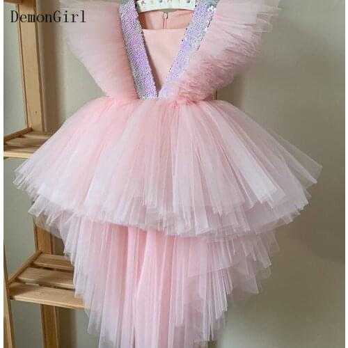 Pink Puffy Tulle Baby Girl Sleeveless Dress High-Low Birthday Party Gown Kids Dress Photography Props 1-14Y