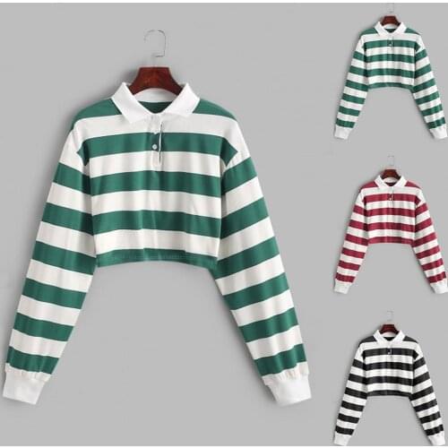 S-XL Womens Camouflage Color Stripe Button Hoodies Long Sleeve Short Tops Mandarin Collar Pullover Sweatshirt Tops Blouse blusas