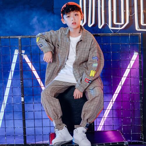 Stage Costumes Childrens Sets Kids Big Boys Tracksuits Oversize Streetwear Hip Hop Loose Casual Long Sleeve Plaid Shirt Pant