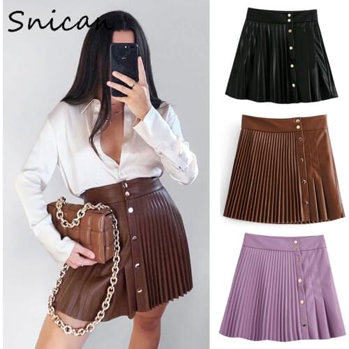 Snican solid pu leather skirt high waist buttons sexy mini pleated skirt Asymmetrical fashion faldas cortas za 2020 women autumn