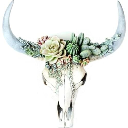 Succulent Flower Resin Bull Cow Skull Skeleton Head Wall Hanging 3D Animal Sculpture Figurines Crafts for Home Halloween Decor