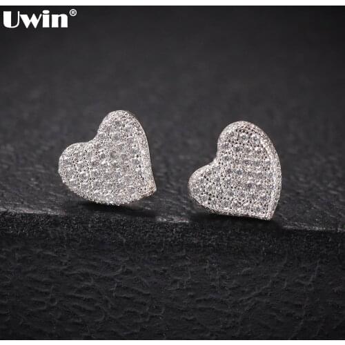 Uwin Luxury Heart Shape Earings Full Cubic Zirconia Stud Earrings Trendy Top Quality Gold Silver Color Women Exquisite Jewelry