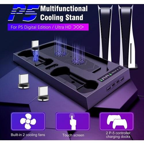 For PS5 Vertical Stand with Cooling Fan Dual Controller Charger Console Charging Station Fan Cooler For SONY Playstation 5