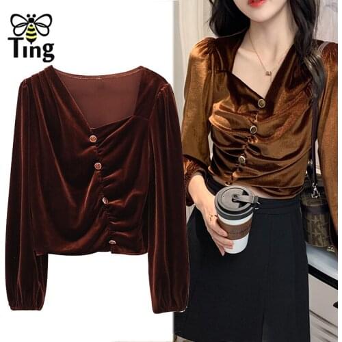 Tingfly Casual Women Button Decor Velvet Blouses Spring Autumn Long Lantern Sleeve Short Blusas Lady Girl Blous Tops