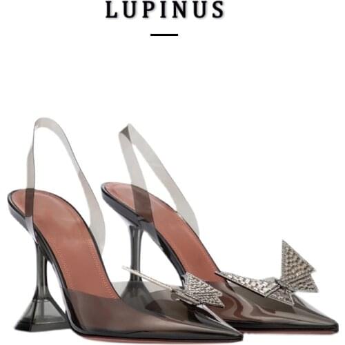 Luxury Rhinestone Bow-knot High Heels Women Transparent PVC Pointed Toe Slingback Sandals Women Wedding Party Dress Pumps 2021