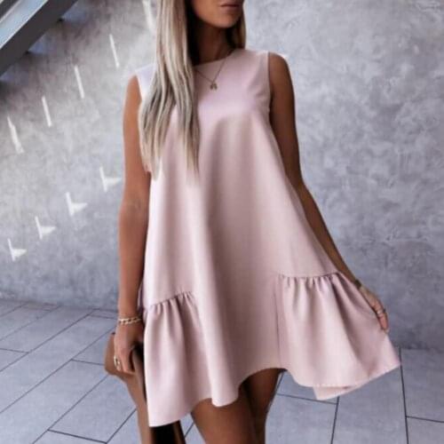 Women Dresses Summer 2021 Solid Color Loose Casual Dress Sleeveless Ruffle Mini Dress O Neck Beach Holiday Dress Women Robe