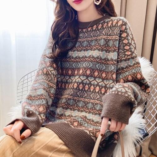 Autumn Winter Women Geometric Pattern Fashion Sweaters Pullover Long Sleeve Femme Casual Knitted Sweater