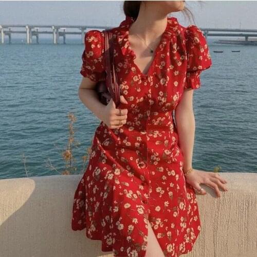 French floral skirt 2021 summer new red dress women vestidos mujer bandage bodycon dress womens fashion chiffon