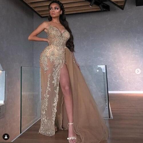 Beads Evening Dresses Detachable Tail vestido longo Dubai Evening Dress Robe De Soiree V Neck abiye Evening Gown Side Slit