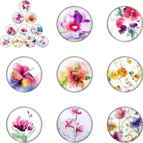 Watercolor Flowers Art Paintings 10pcs Mixed 12mm/18mm/20mm/25mm/30mm Round Photo Glass Cabochon Demo Flat Back Making Findings