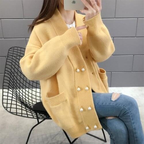2021 Female Sweater Loose Large Version Knit Cardigan Double Row Pearl Buckle Solid Color Long Sleeve Long Sweater Coat