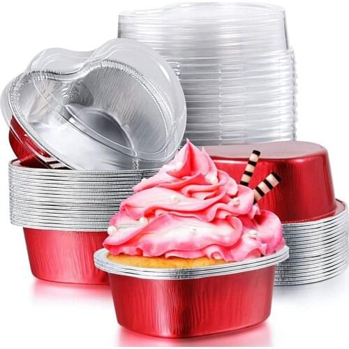 50 pcs Valentine Aluminum Foil Cake Pan Heart Shaped Cupcake Cup with Lids,Mini Cupcake Cup Flan Baking Cups with Lid